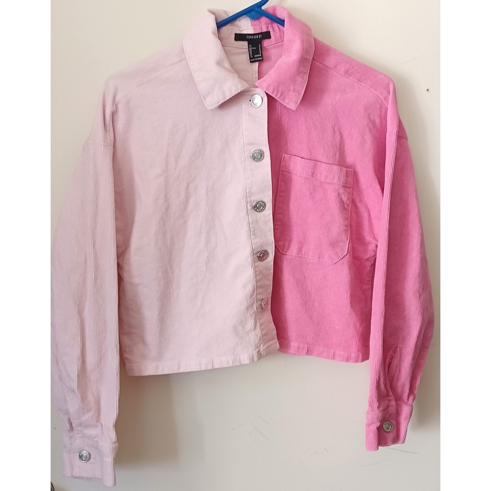 Forever 21 Corduroy Jacket Womens S Pink Colorblock Cropped Button Up Shacket